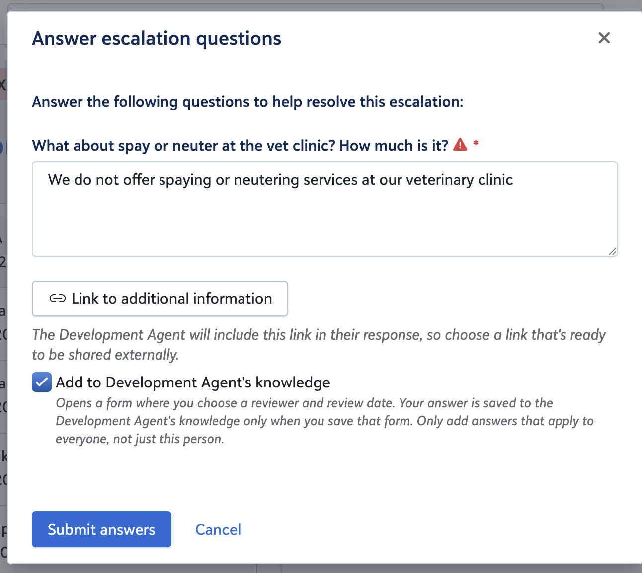 Adding an escalated answer to the Dev Agent's knowledge